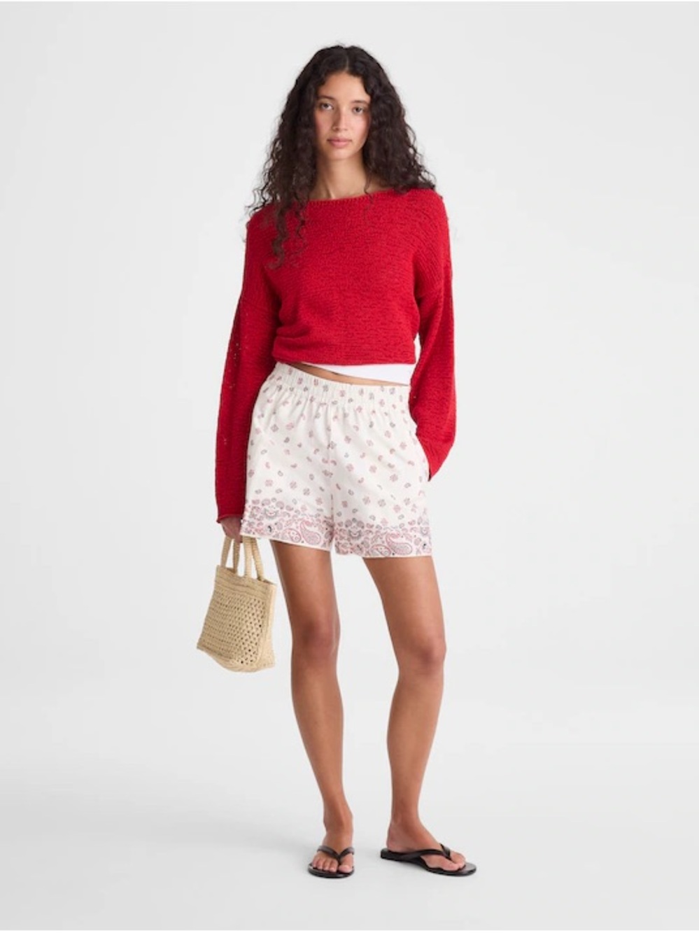 Madewell Cream Printed Elastic-Waist Women's Shorts with Pink Accent
